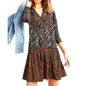 Anthropologie Maeve Marlie Button Front Tunic Dress Floral Black Red Flowy Sz 2